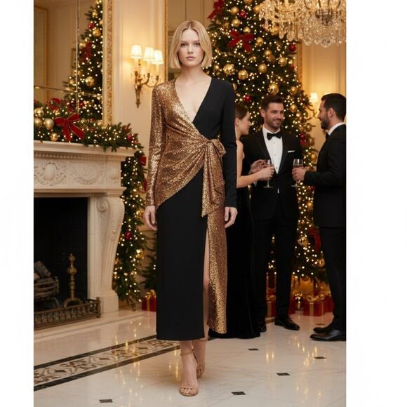 Prabal Gurung Sequin Wrap Midi Dress 4 Gold Black NWT - Picture 1 of 15